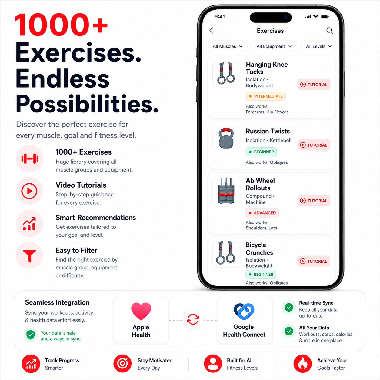 Health Ecosystem Sync & 1000+ Exercise Library with Apple Health and Health Connect